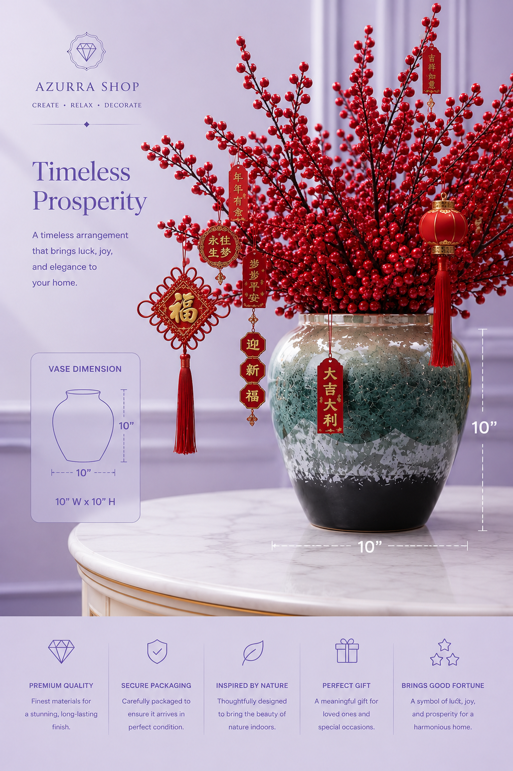 Red holly berry ceramic vase dimensions 10" x 10" with trust icons — Azurra Shop

