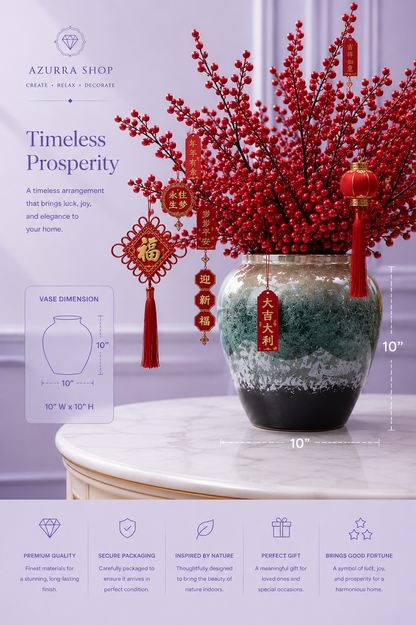 Red holly berry ceramic vase dimensions 10" x 10" with trust icons — Azurra Shop
