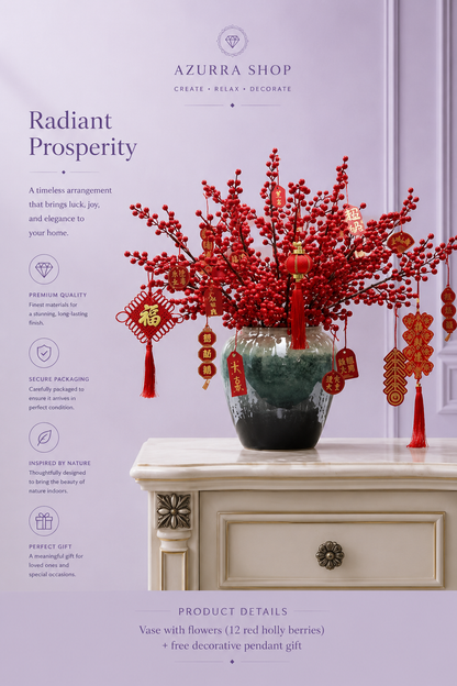 Red holly berry branch arrangement with lucky pendants in azure ceramic vase — Azurra Shop
