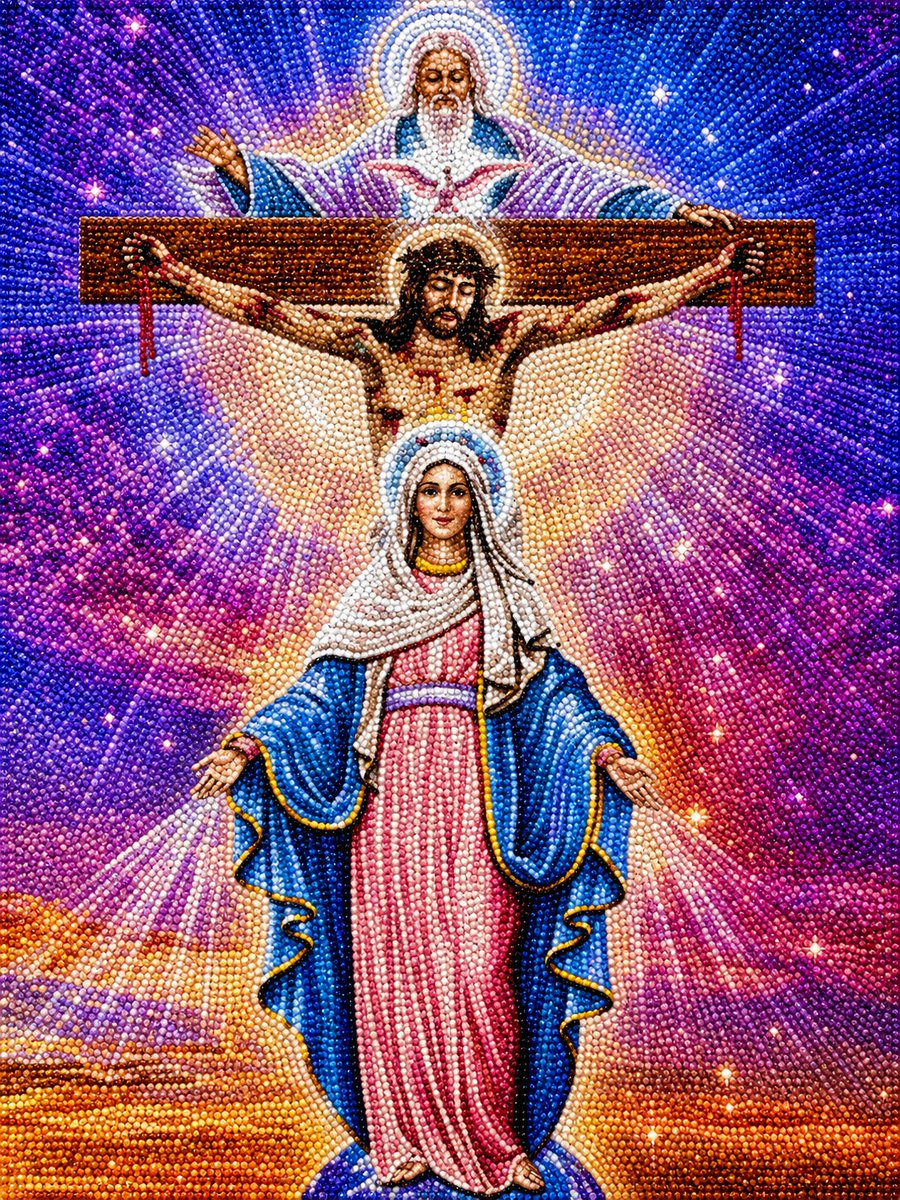 Close up of the finished Holy Trinity diamond painting, with God the Father, Jesus on the cross, and Our Lady of Grace