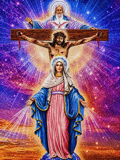 Close up of the finished Holy Trinity diamond painting, with God the Father, Jesus on the cross, and Our Lady of Grace