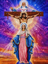 Close up of the finished Holy Trinity diamond painting, with God the Father, Jesus on the cross, and Our Lady of Grace
