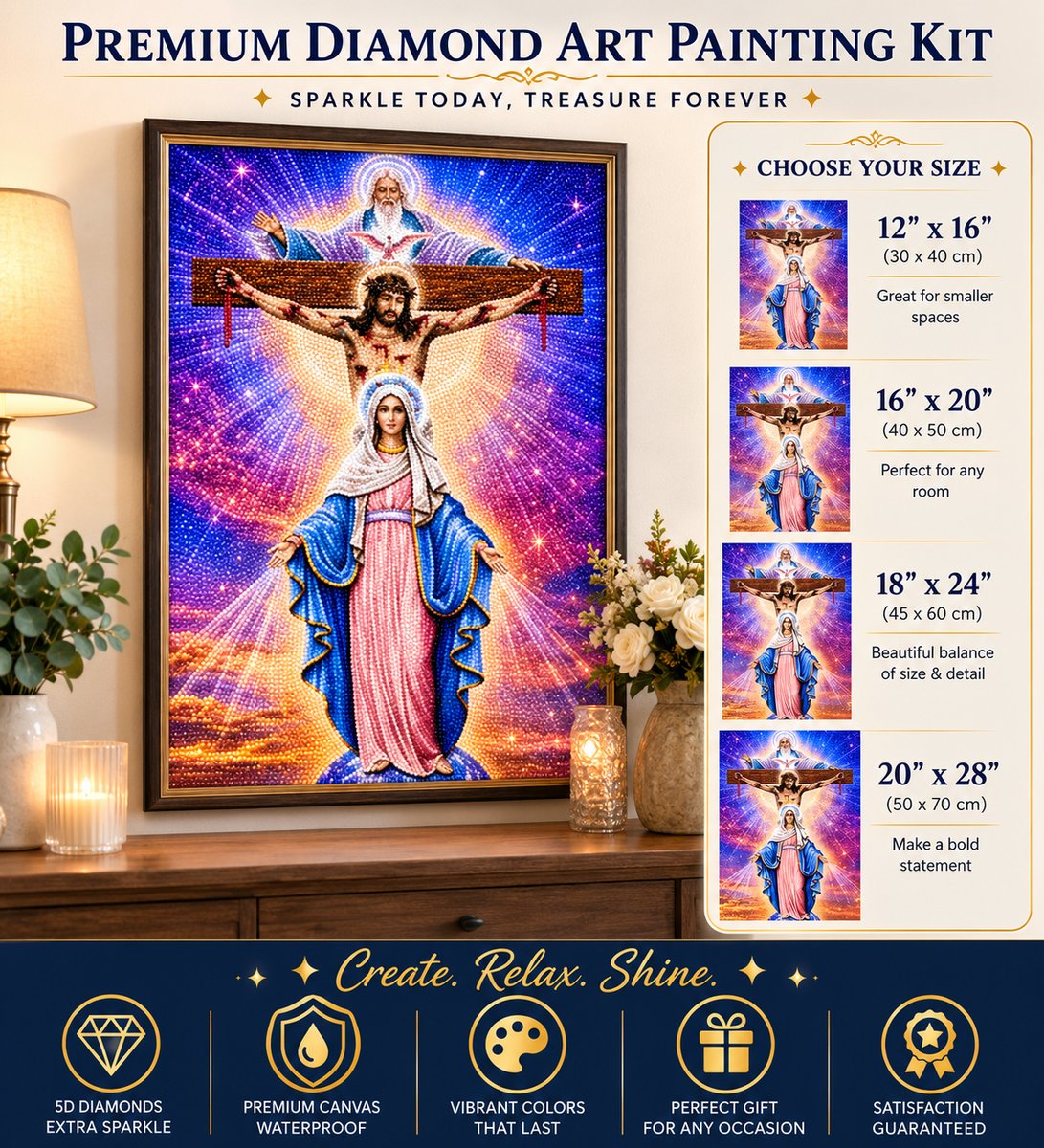 Holy Trinity diamond painting framed on a wall, shown with the size chart