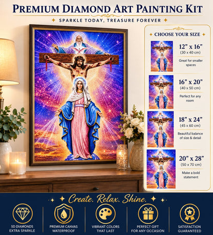 Holy Trinity diamond painting framed on a wall, shown with the size chart