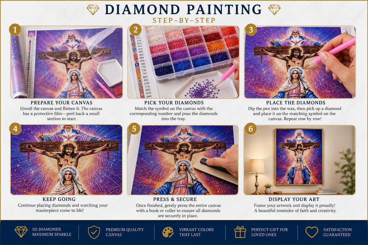 Step by step guide showing how to complete the Holy Trinity diamond painting