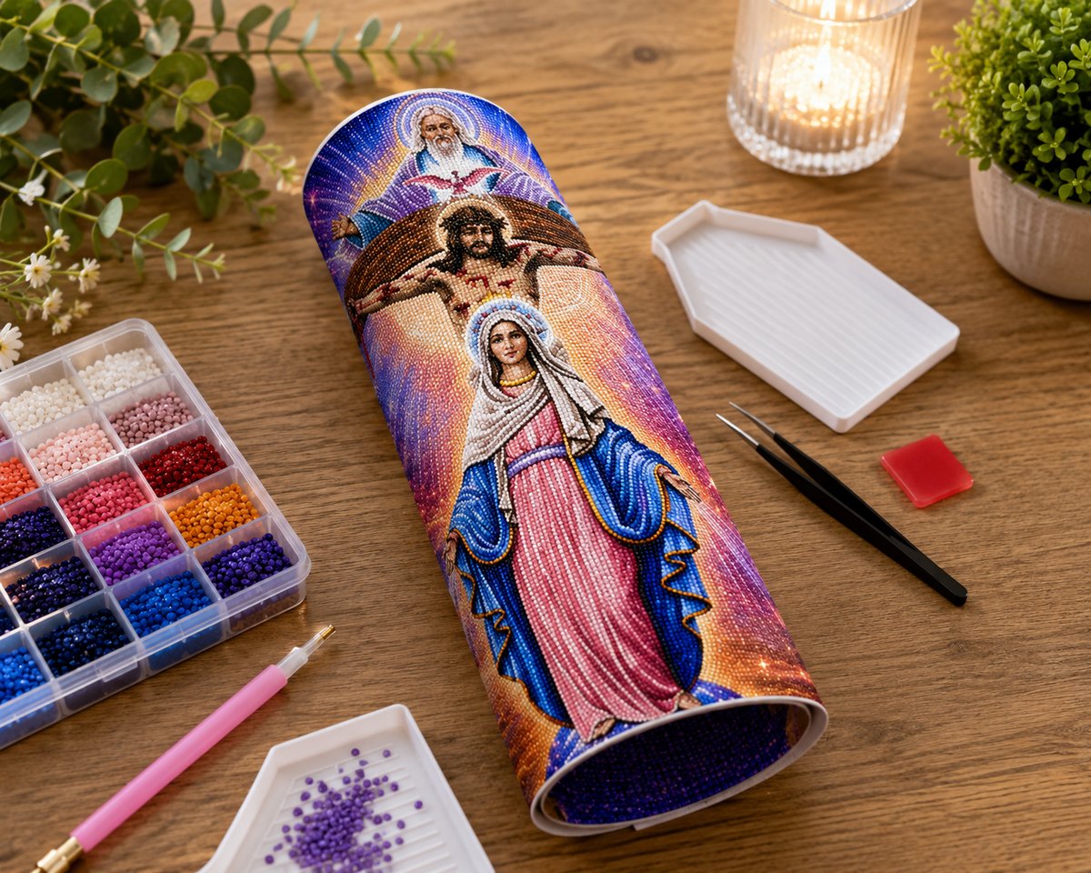 Rolled canvas and full supplies for the Holy Trinity kit, including drill trays, applicator pen, and tweezers