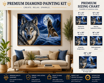 Wolf howling diamond painting kit size chart – 5 sizes from 8" x 12" to 20" x 28", framed finished wolf art on living room wall, premium quality diamonds — Azurra Shop
