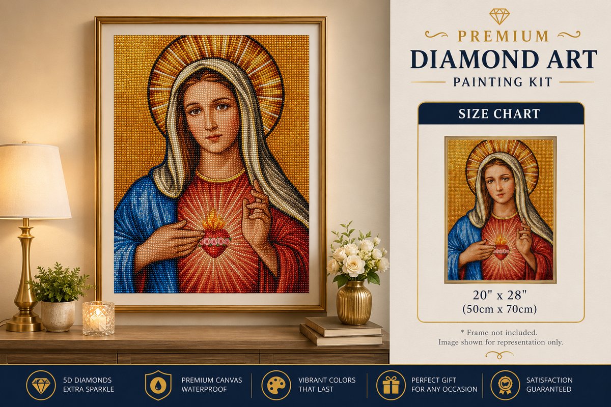 Immaculate Heart of Mary diamond painting framed on a wall, shown with the size chart