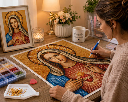Working on the Immaculate Heart of Mary kit at a cozy desk with warm lighting