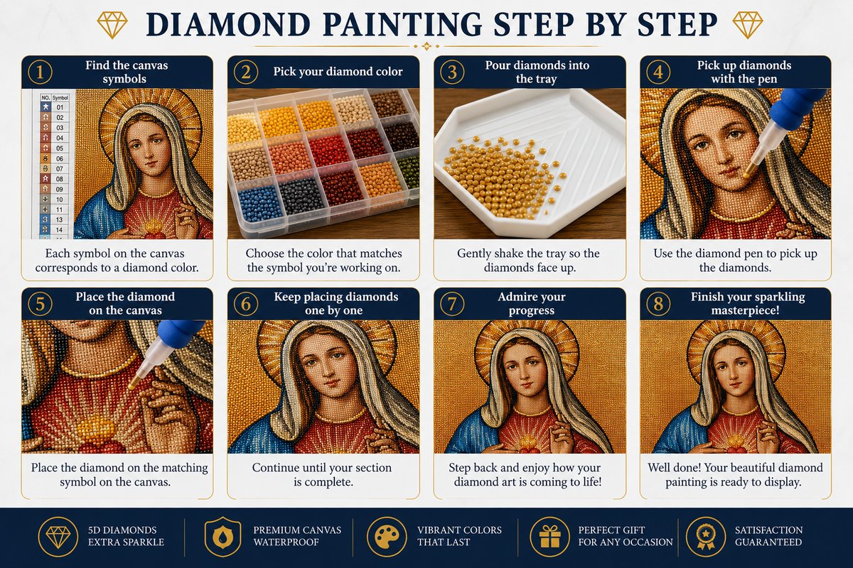 Step by step guide showing how to complete the Immaculate Heart of Mary diamond painting