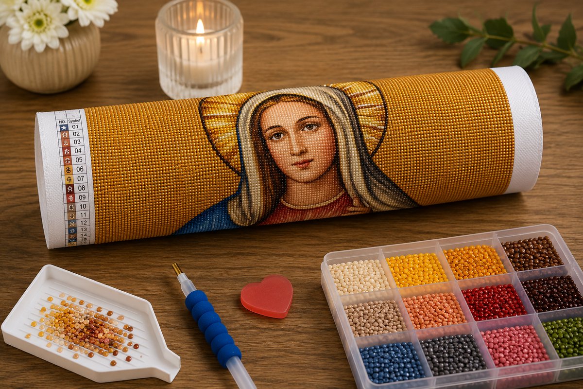 Rolled canvas and full supplies for the Immaculate Heart of Mary kit, including drill trays, applicator pen, and tweezers