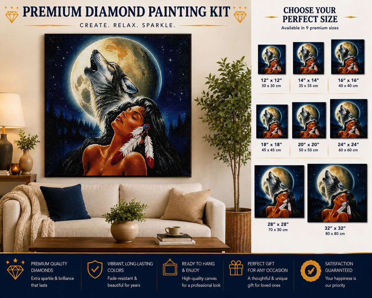 Wolf and maiden howling at the moon diamond painting framed on a wall above a couch, with a size chart showing 12 by 12 up to 32 by 32 inch options | Azurra Shop