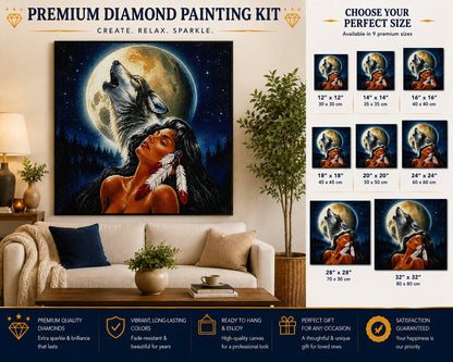 Wolf and maiden howling at the moon diamond painting framed on a wall above a couch, with a size chart showing 12 by 12 up to 32 by 32 inch options | Azurra Shop