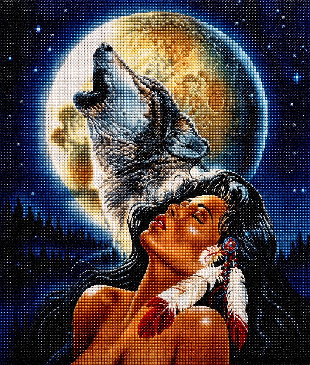 Finished diamond painting of a Native American woman and a howling wolf silhouetted against a full moon | Azurra Shop