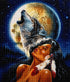 Finished diamond painting of a Native American woman and a howling wolf silhouetted against a full moon | Azurra Shop