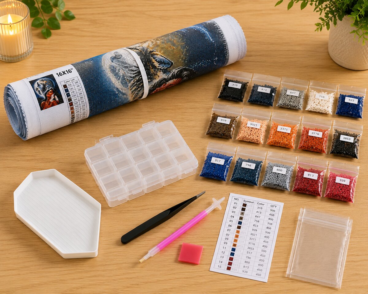 Diamond painting kit supplies including rolled canvas, numbered diamond bags, tray, applicator pen, and color chart | Azurra Shop