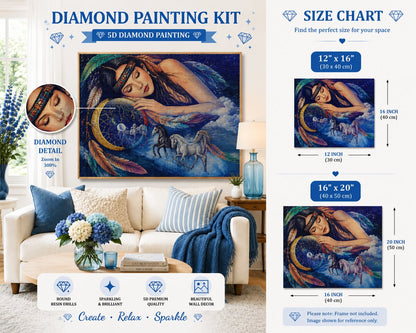 Native American dreamer diamond painting framed on a wall above a couch with blue pillows, with a size chart showing 12 by 16 and 16 by 20 inch options | Azurra Shop