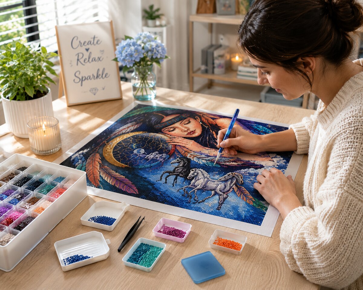 Woman placing diamonds on the Native American dreamer canvas at a desk with sorted diamond trays and a candle | Azurra Shop