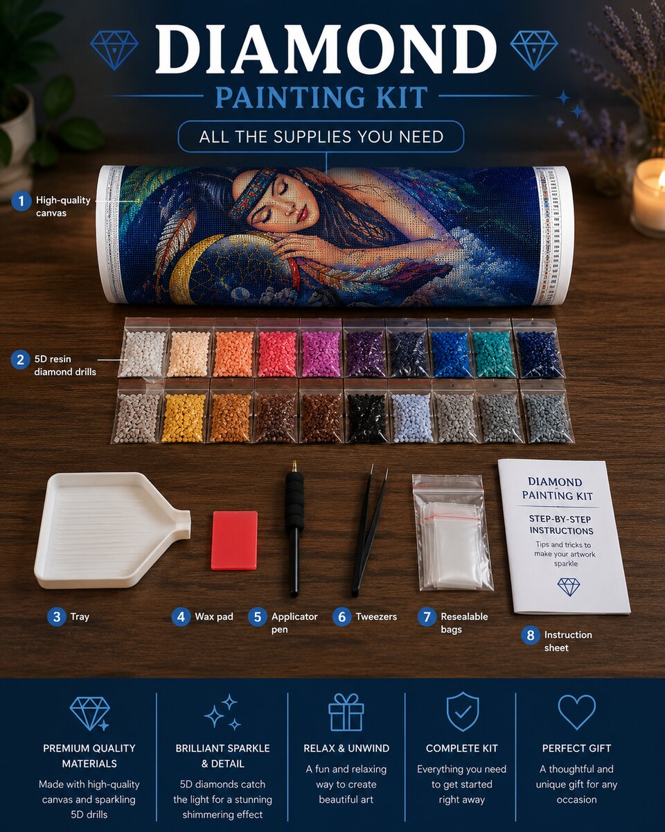 Diamond painting kit supplies including rolled canvas, sorted diamond bags, tray, wax pad, applicator pen, and tweezers | Azurra Shop