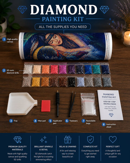 Diamond painting kit supplies including rolled canvas, sorted diamond bags, tray, wax pad, applicator pen, and tweezers | Azurra Shop