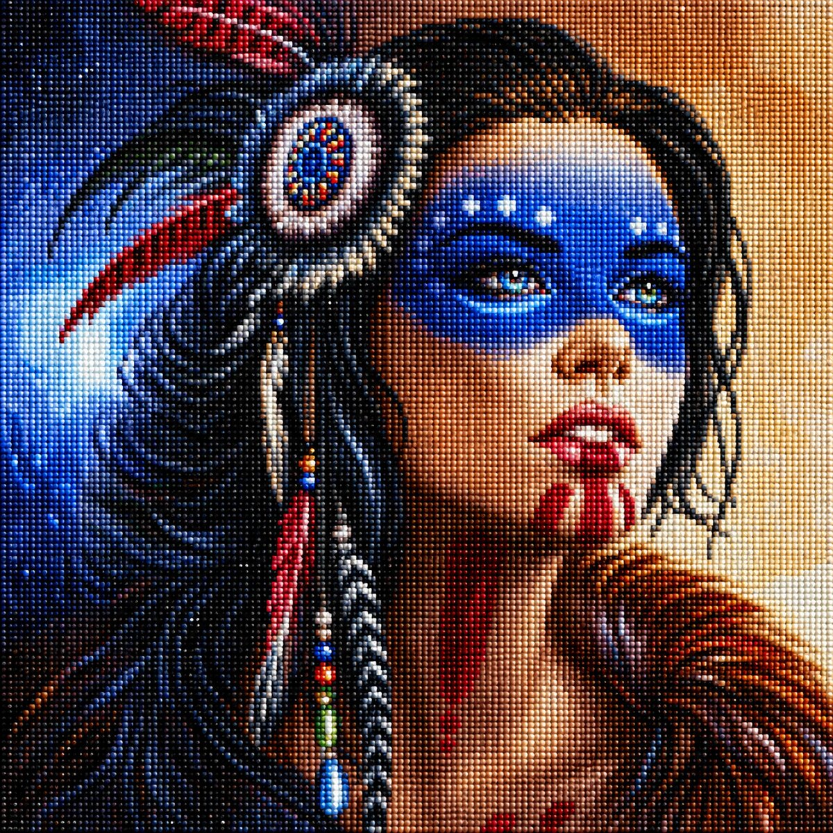 Finished diamond painting portrait of a Native American woman with blue face paint and a beaded feather headpiece | Azurra Shop