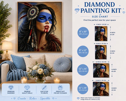 Native American blue face paint portrait diamond painting framed on a wall above a couch with blue pillows, with a size chart showing 8 by 10 up to 12 by 18 inch options | Azurra Shop
