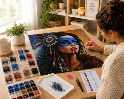Woman placing diamonds on the Native American blue face paint portrait canvas at a desk with sorted diamond trays | Azurra Shop