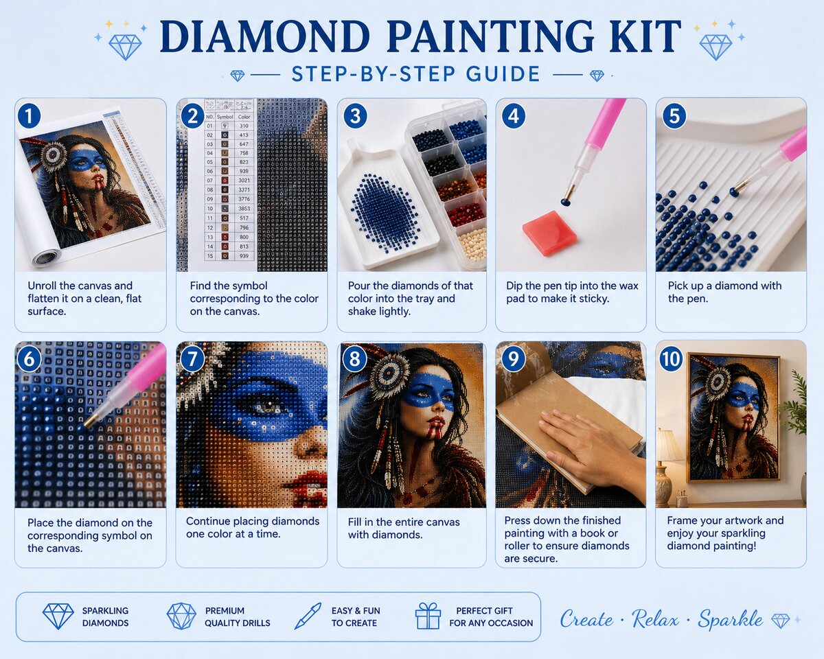 Ten step instructions for completing a diamond painting kit from unrolling the canvas to framing and display | Azurra Shop