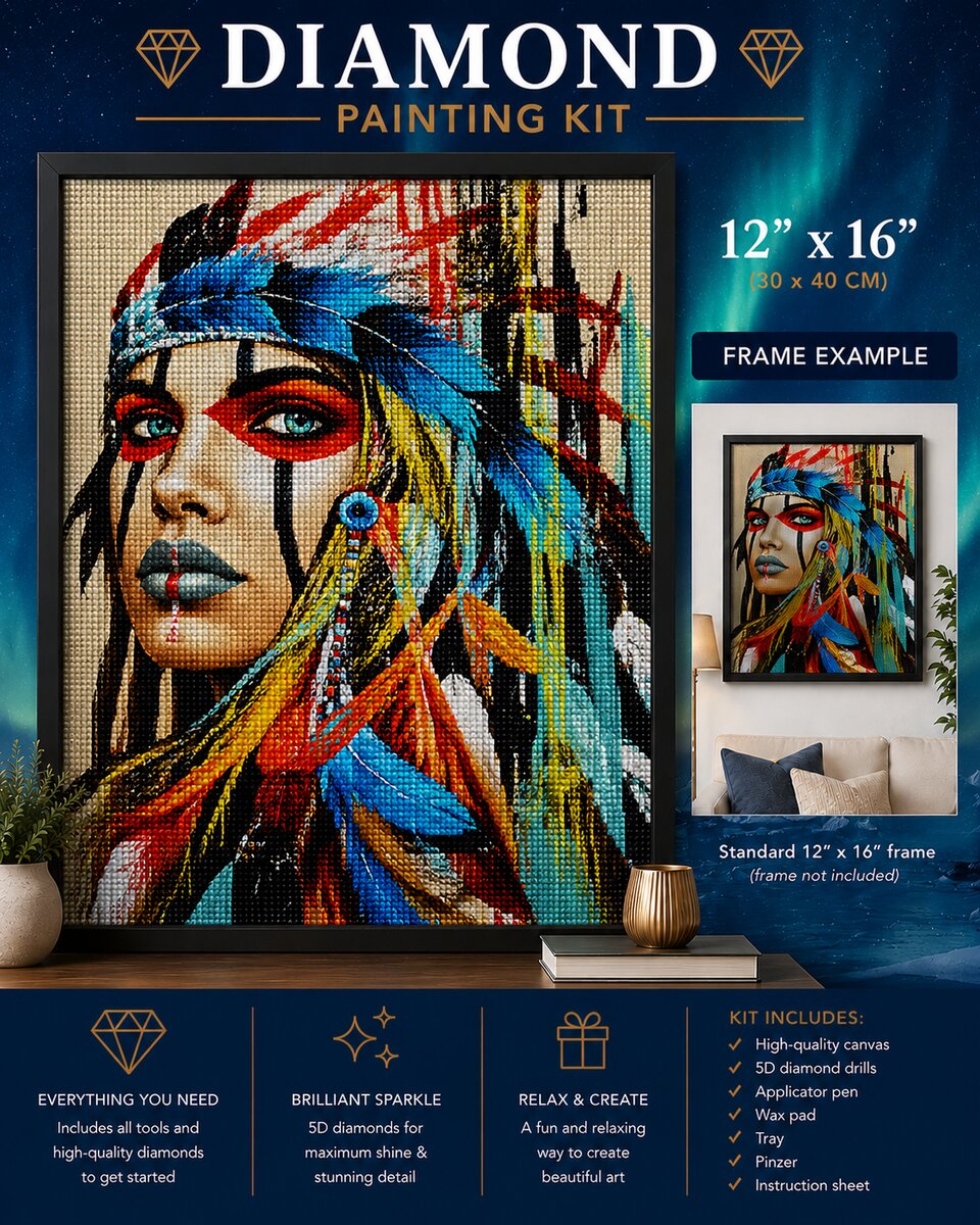 Native American woman diamond painting framed on a wall above a couch with aurora sky in the background, shown in a 12 by 16 inch size | Azurra Shop