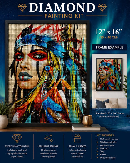 Native American woman diamond painting framed on a wall above a couch with aurora sky in the background, shown in a 12 by 16 inch size | Azurra Shop