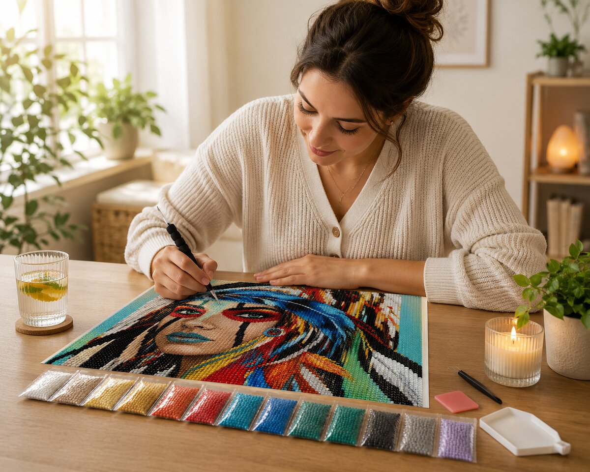 Woman placing diamonds on the Native American woman canvas at a desk with a candle and a drink | Azurra Shop