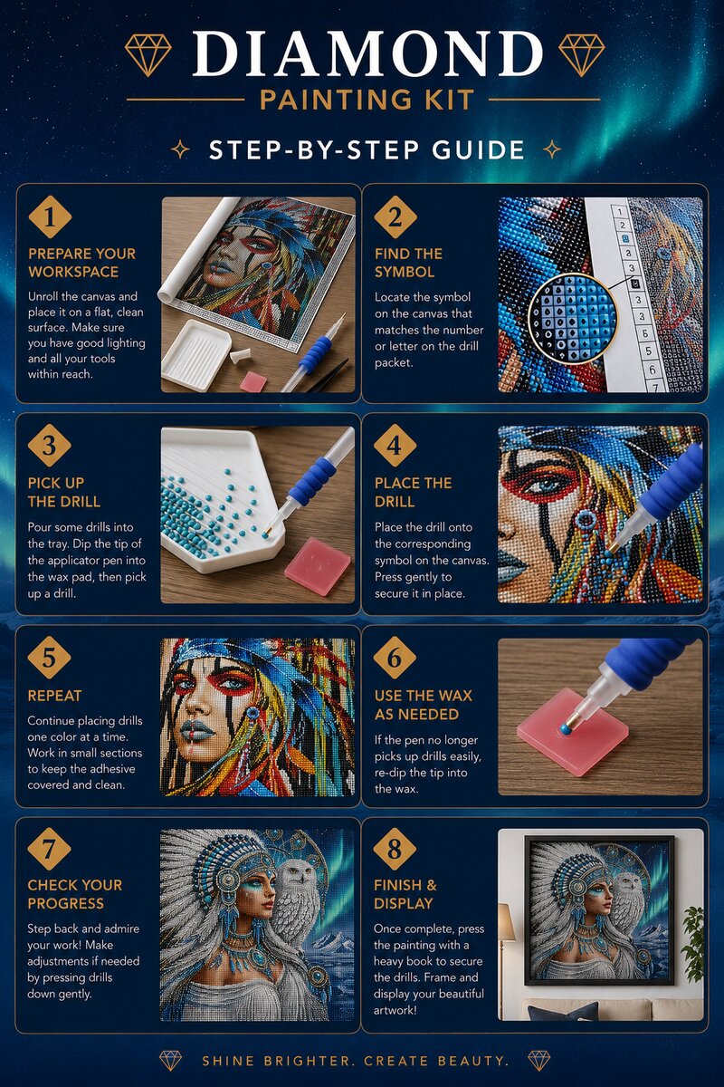 Eight step instructions for completing a diamond painting kit from preparing your workspace to finishing and display | Azurra Shop