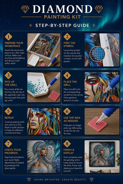 Eight step instructions for completing a diamond painting kit from preparing your workspace to finishing and display | Azurra Shop