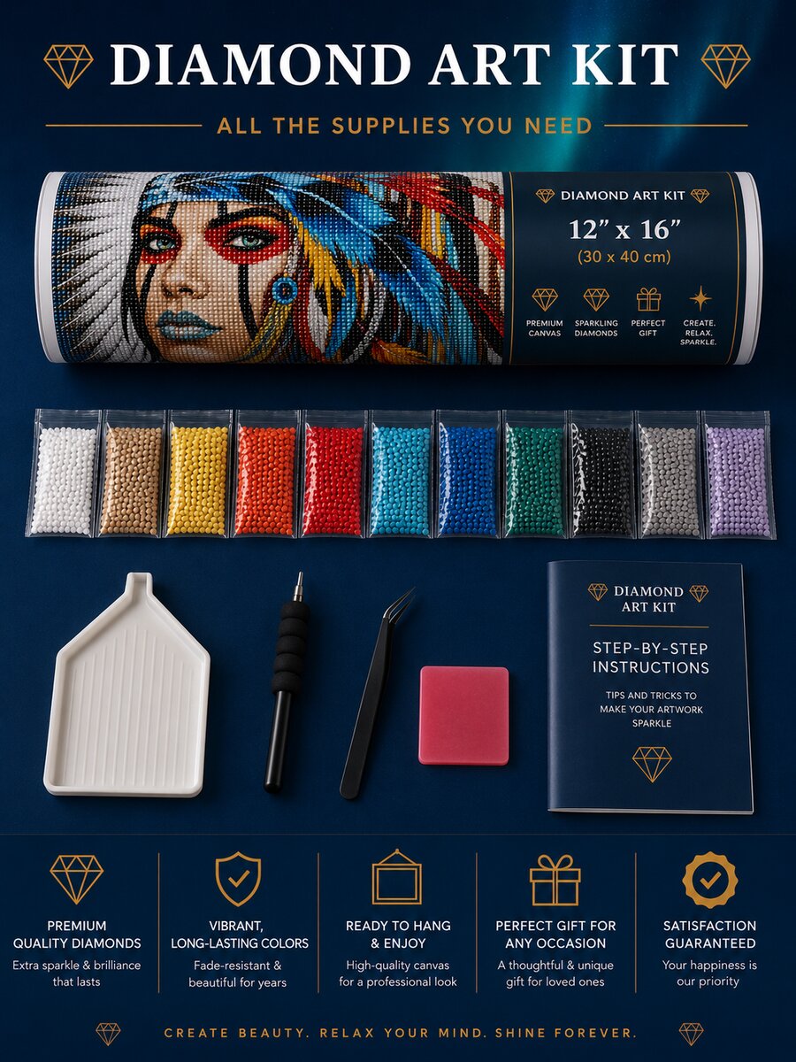 Diamond art kit supplies including rolled canvas, sorted diamond bags, applicator pen, tray, and tweezers | Azurra Shop