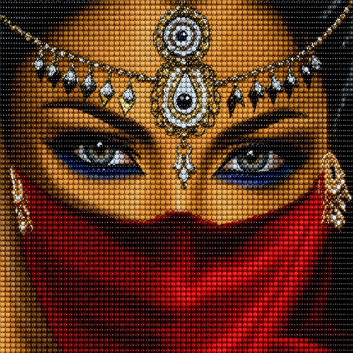 Close up of the finished veiled Indian beauty diamond painting with an ornate jeweled headpiece and a red veil | Azurra Shop