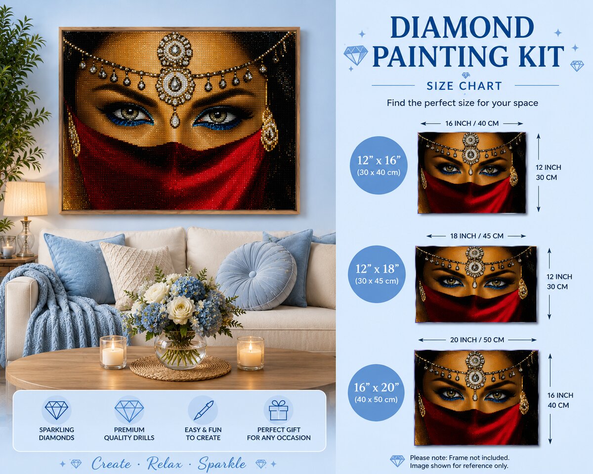 Framed veiled Indian beauty diamond painting displayed on a living room wall above a sofa with blue pillows | Azurra Shop