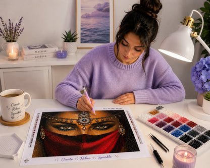 Working on the veiled Indian beauty kit at a desk with lavender, a candle, and coffee nearby | Azurra Shop