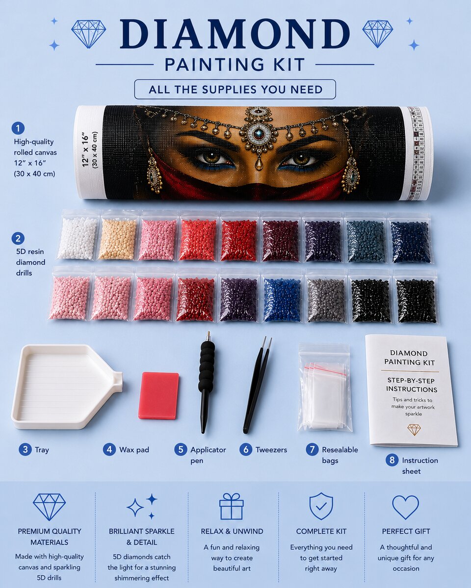 Rolled canvas and full supplies for the veiled Indian beauty kit, including diamond drills, tray, and applicator pen | Azurra Shop