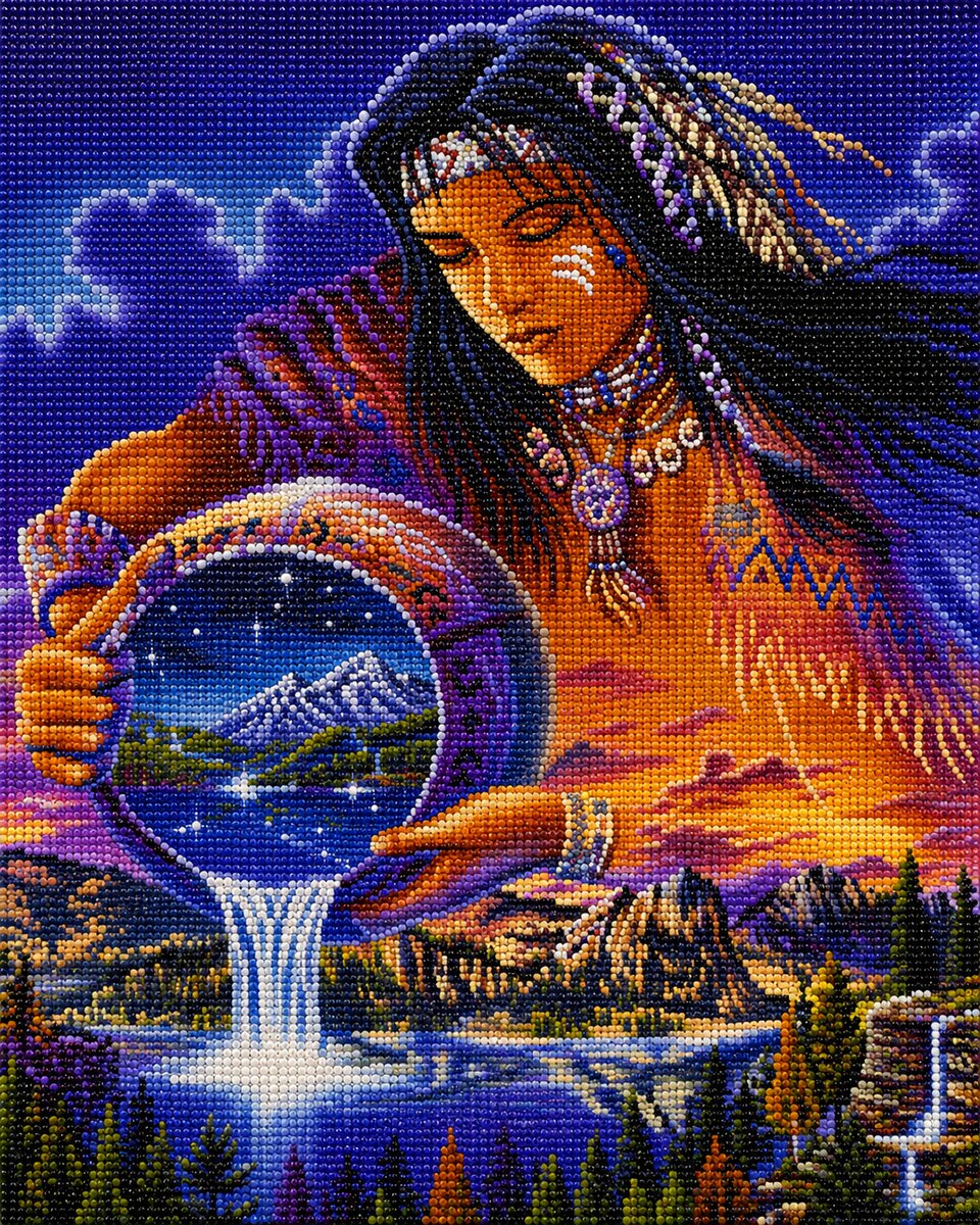 Finished Native American mystic water keeper diamond painting of a woman pouring a waterfall and mountain scene from a glowing orb | Azurra Shop