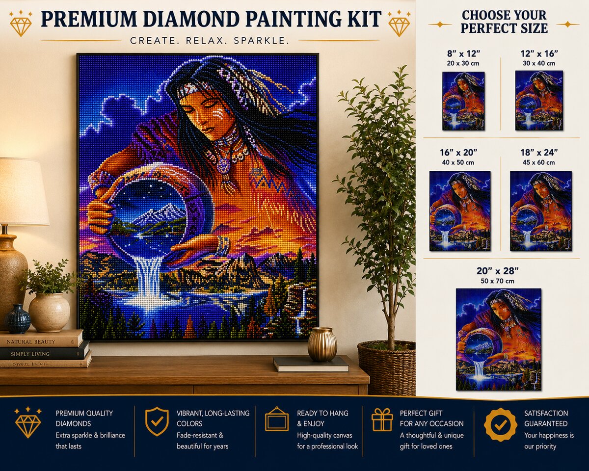 Native American mystic water keeper diamond painting framed on a wall above a dresser with a lamp and plants, with a size chart showing 8 by 12 up to 20 by 28 inch options | Azurra Shop