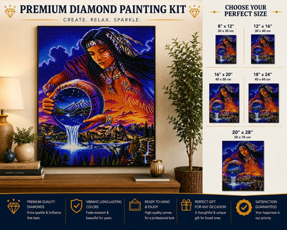 Native American mystic water keeper diamond painting framed on a wall above a dresser with a lamp and plants, with a size chart showing 8 by 12 up to 20 by 28 inch options | Azurra Shop