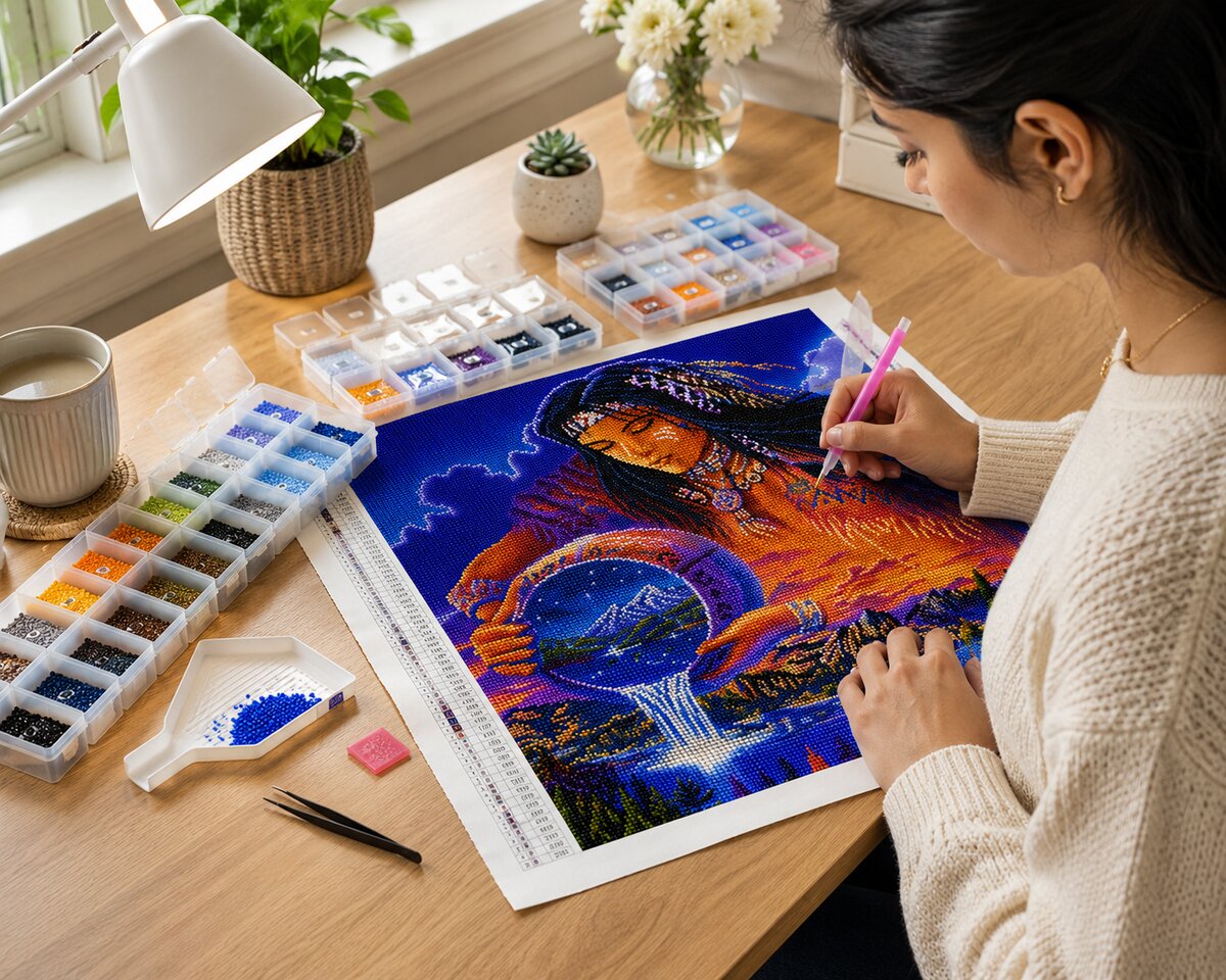Woman placing diamonds on the Native American mystic water keeper canvas at a desk with sorted diamond trays and a lamp | Azurra Shop