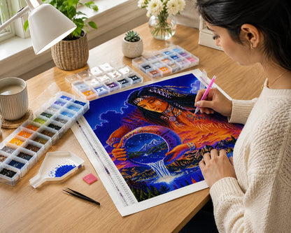 Woman placing diamonds on the Native American mystic water keeper canvas at a desk with sorted diamond trays and a lamp | Azurra Shop