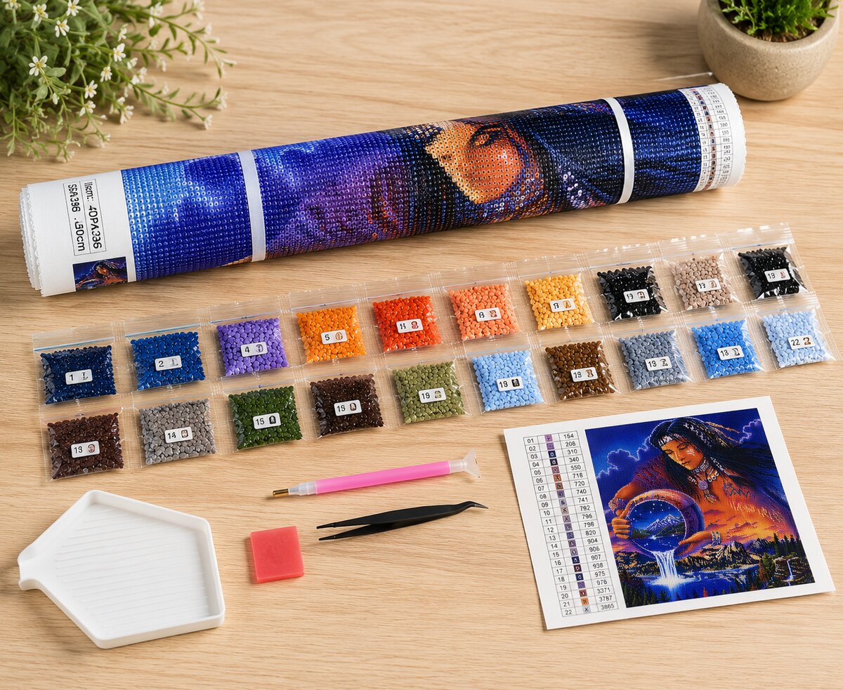 Diamond painting kit supplies including rolled canvas, numbered diamond bags, tray, wax pad, applicator pen, and color chart | Azurra Shop
