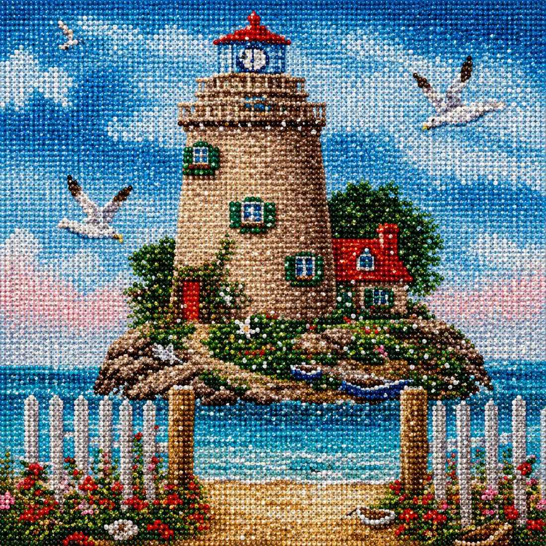 Close up of the finished island lighthouse and red cottage diamond painting | Azurra Shop
