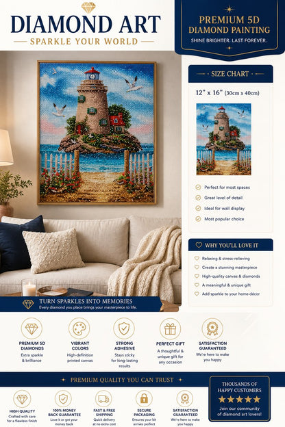Framed island lighthouse diamond painting displayed above a cream sofa | Azurra Shop