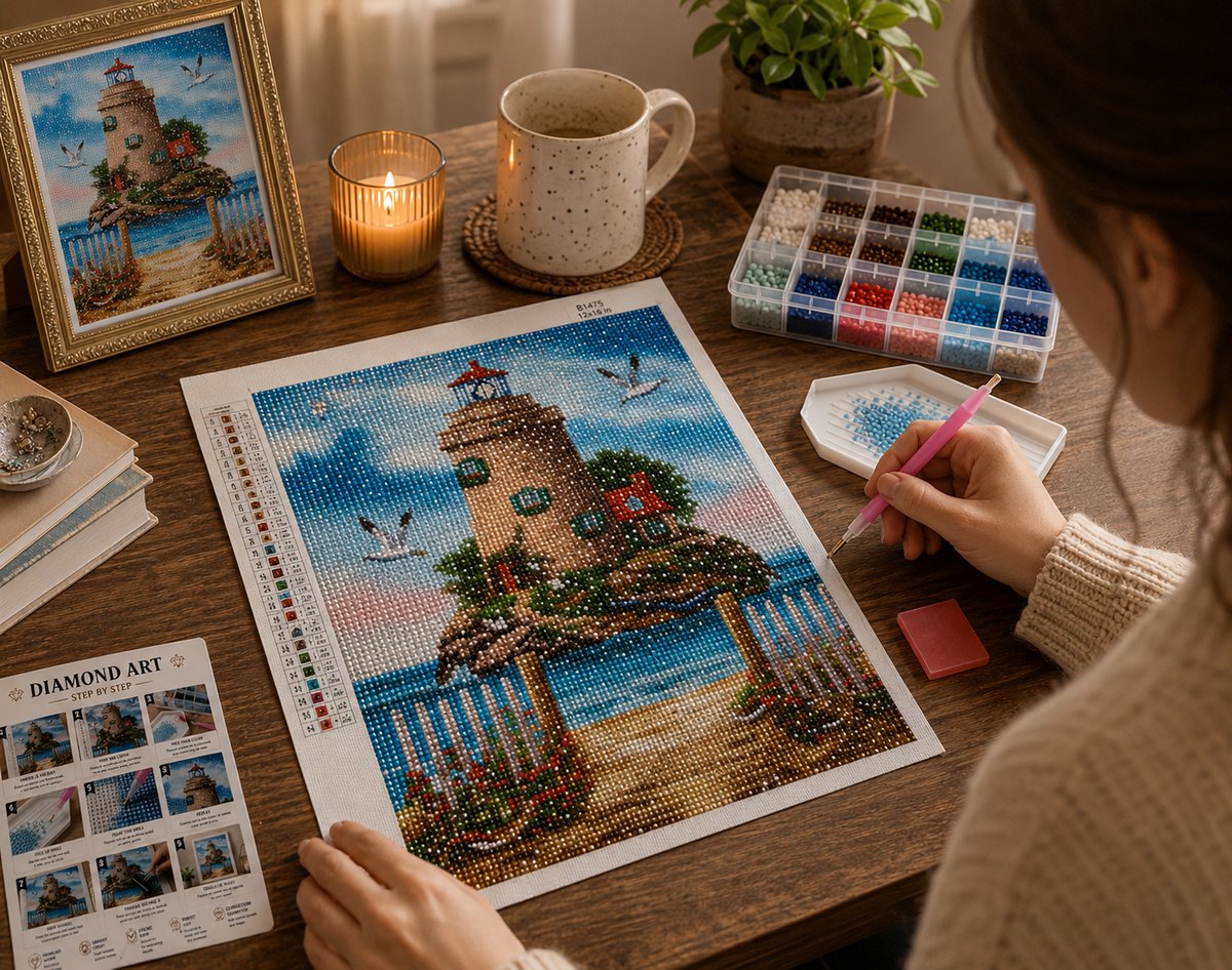 Working on the island lighthouse kit at a cozy wooden desk with tea and a candle | Azurra Shop