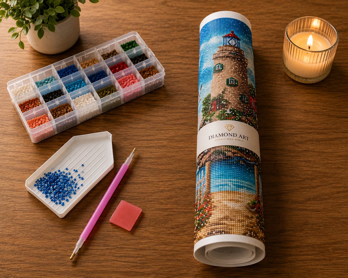 Rolled canvas and supplies for the island lighthouse kit, including drills, applicator pen, and wax pad | Azurra Shop