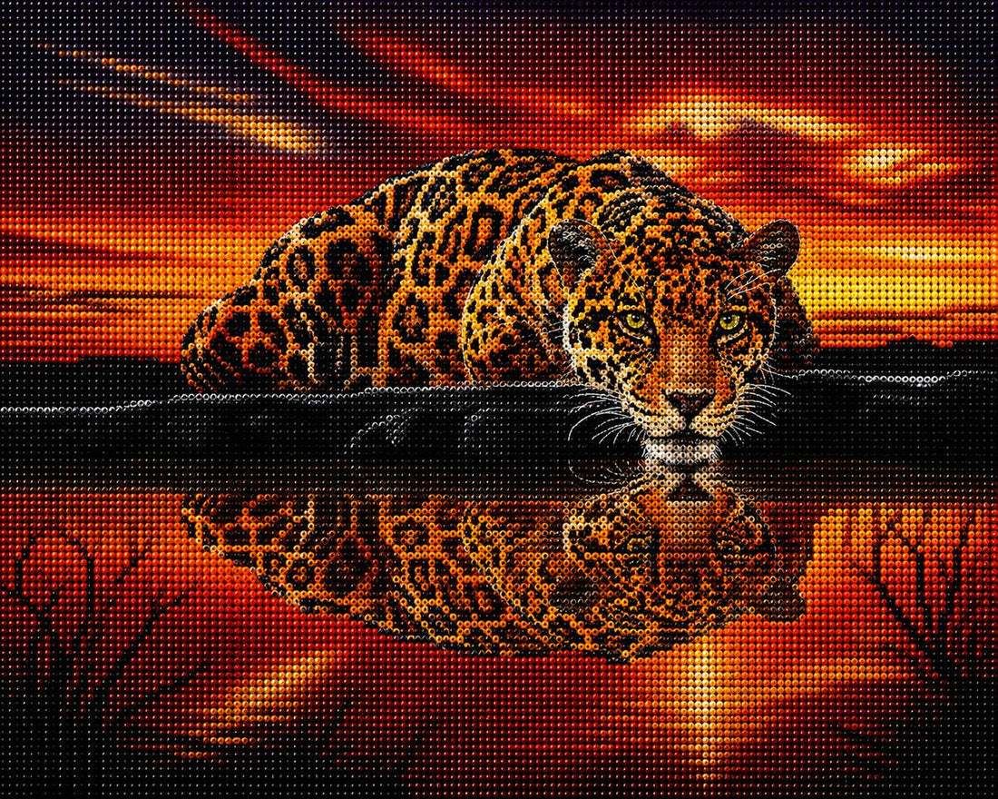 Close up of the finished jaguar at fiery sunset diamond painting | Azurra Shop