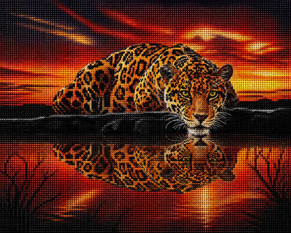 Close up of the finished jaguar at fiery sunset diamond painting | Azurra Shop